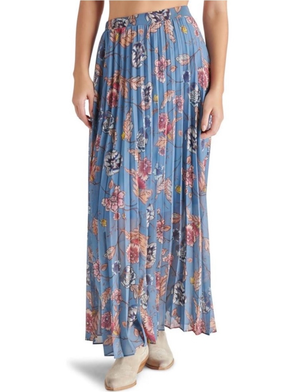 Steve Madden Coppola Folklore Floral Pleated Maxi Skirt Cadet Blue Medium NWT
